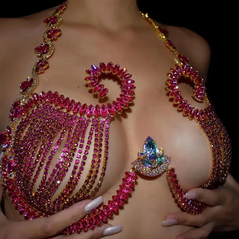 Rave Pink Crystal Chest Bracke - Body Jewelry Bra review and price